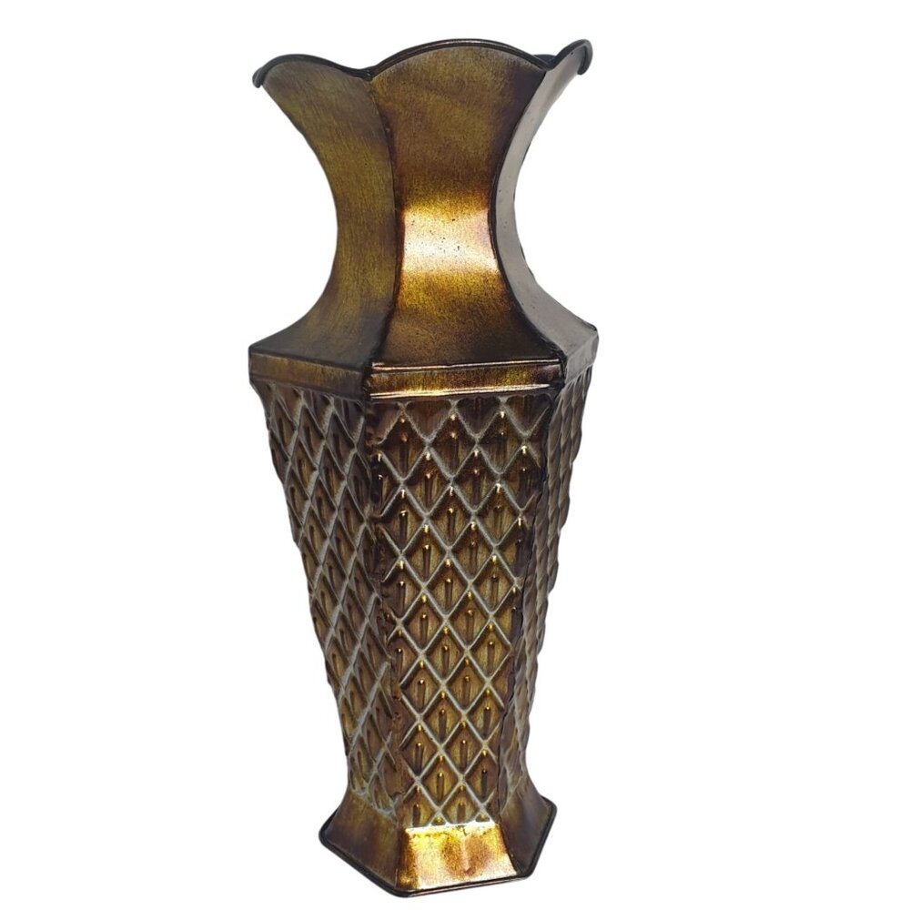 Bronze Metal Texture Vase 15" Diamond Pattern In/Outdoor Art Decor Home Interior
